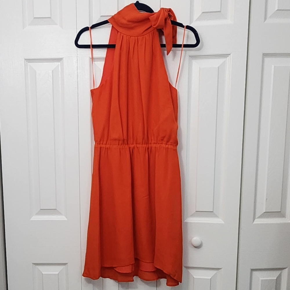 JOIE Silk Blouson Knee Length Dress with Mock Neck Self-Tie Accent in Cayenne